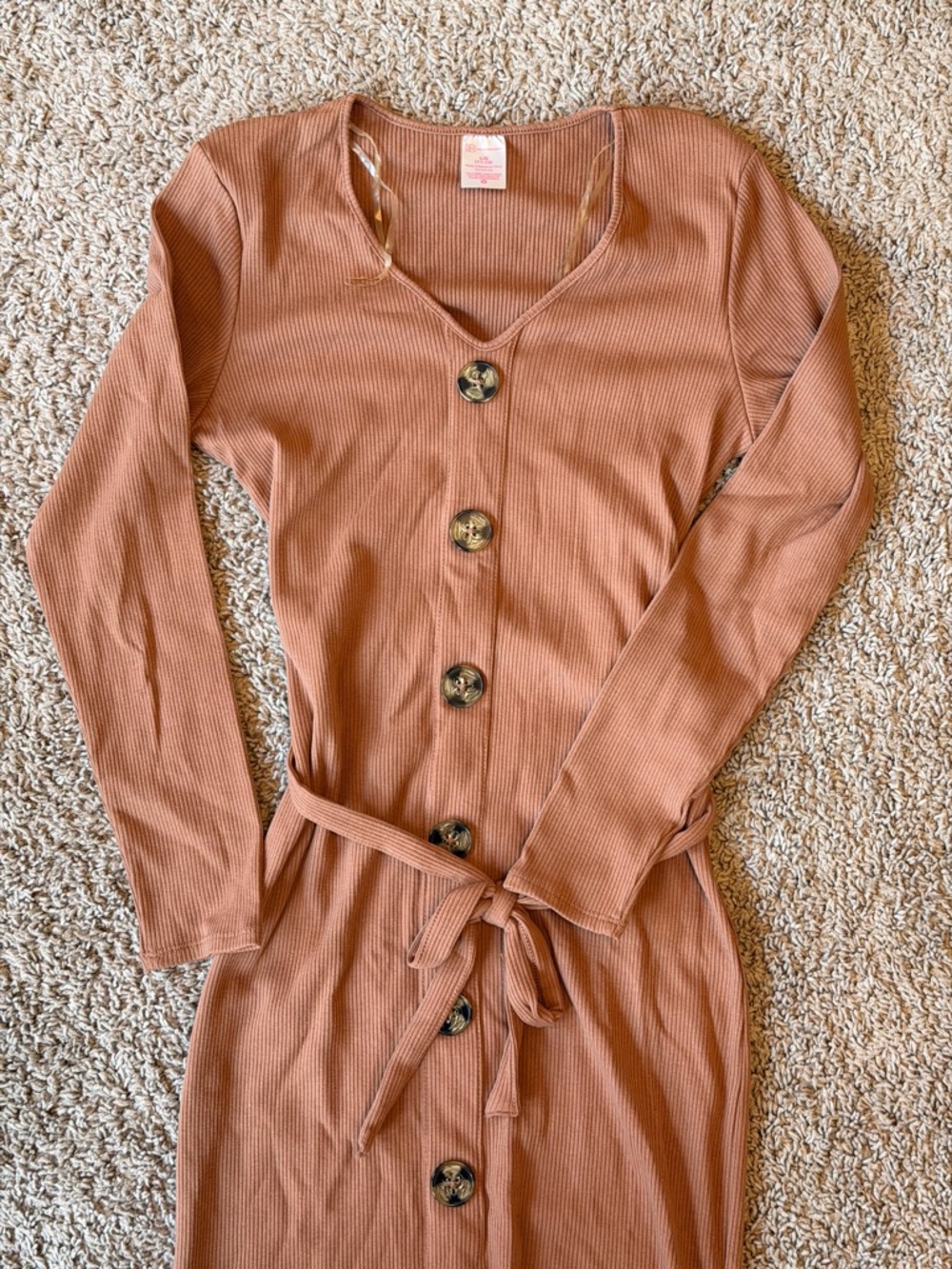 No Boundaries Brown Ribbed Button-Front Long Sleeve Midi Dress - Picture 3 of 8